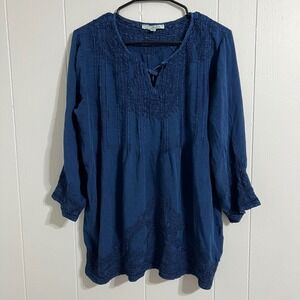 Solitaire Blue Embroidered Tunic Top Boho Indie Lace Up V Neck XL